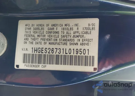 2001 Honda Civic Ex из США, поврежденный, VIN 1HGES26731L019501